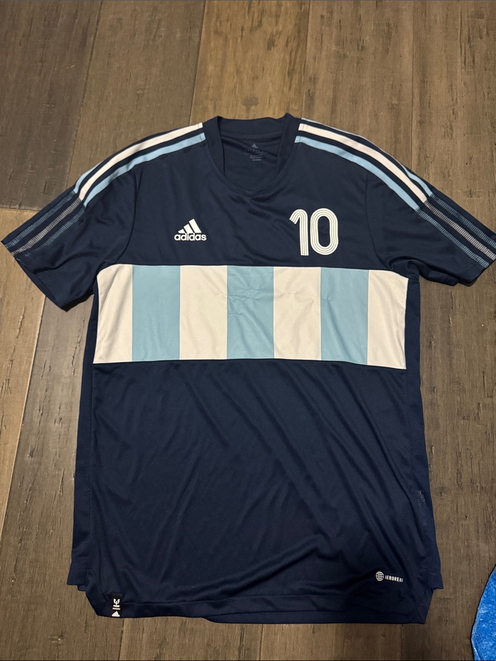 adidas Men’s Navy Blue Soccer Jersey with Light Blue and White Accents